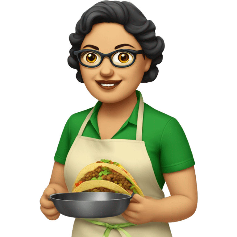 mexican chubby lady green apron  with glasses cooking tacos emoji