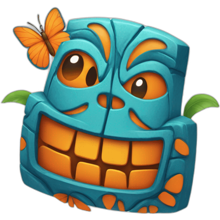 Cartoon Blue and orange smiling tiki with butterfly  emoji