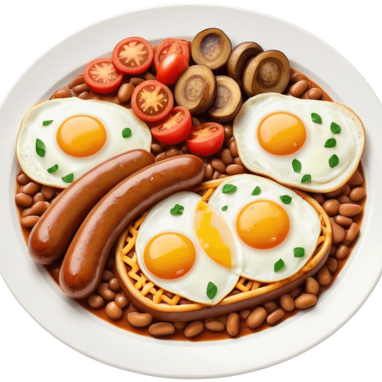 English Breakfast Cinematic Realistic English Breakfast Dish Emoji, depicted as a hearty plate featuring 2 sizzling sausages, a central serving of baked beans, 2 perfectly fried eggs, 2 sliced grilled tomatoes, 2 grilled mushrooms, and a triangle-shaped hash brown, rendered with vivid textures and warm, inviting lighting. emoji