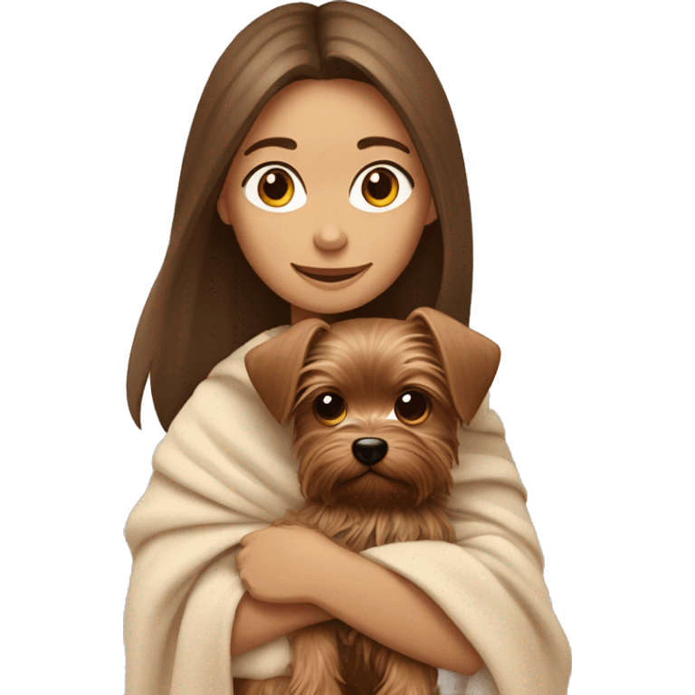 Brown haired girl wrapped in blanket hugs her Yorkshire terrier dog emoji