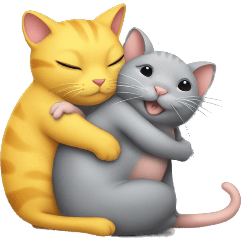 A yellow cat hugging a gray rat emoji