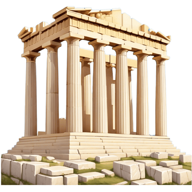 Cinematic Realistic Acropolis Landmark Emoji, showing the Parthenon standing proudly atop the Acropolis hill, with its marble columns glowing under the warm Athenian sunlight against a blue sky. emoji