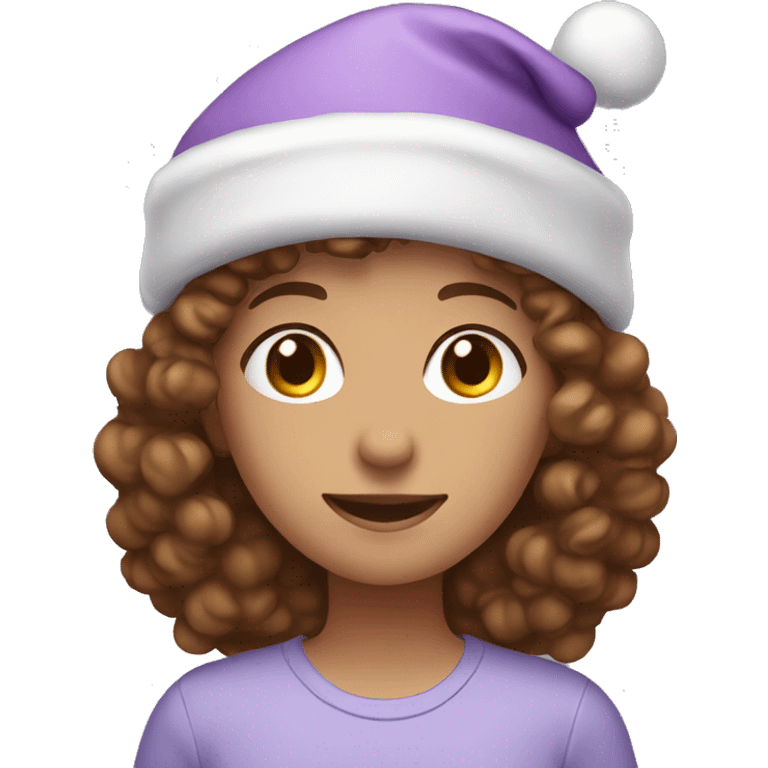 Girl with short brown curly hair and a light purple Christmas hat emoji