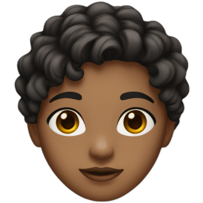 Girl with brown skin, black shoulder length wavy hair, white tshirt and black eyes emoji