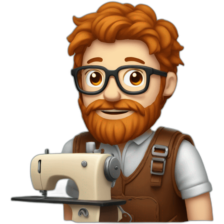 Red haired man with beard and metal rimmed glasses hand sewing a leather saddle emoji