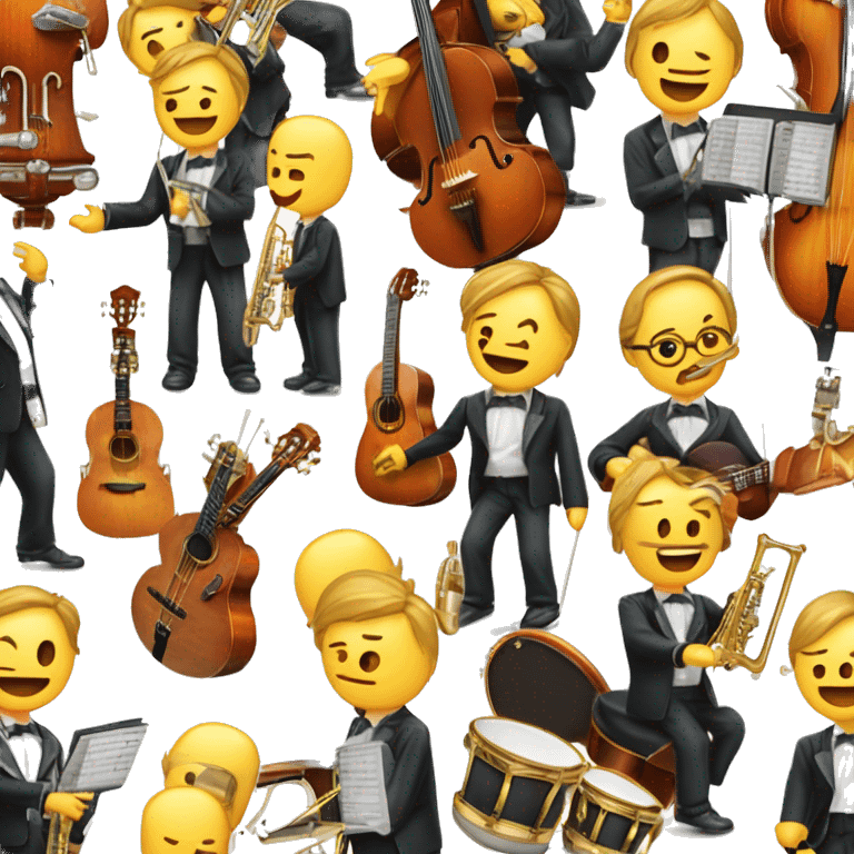 Orchestre avec batterie, guitare, basse, trompette, clarinette, violoncelle et piano emoji