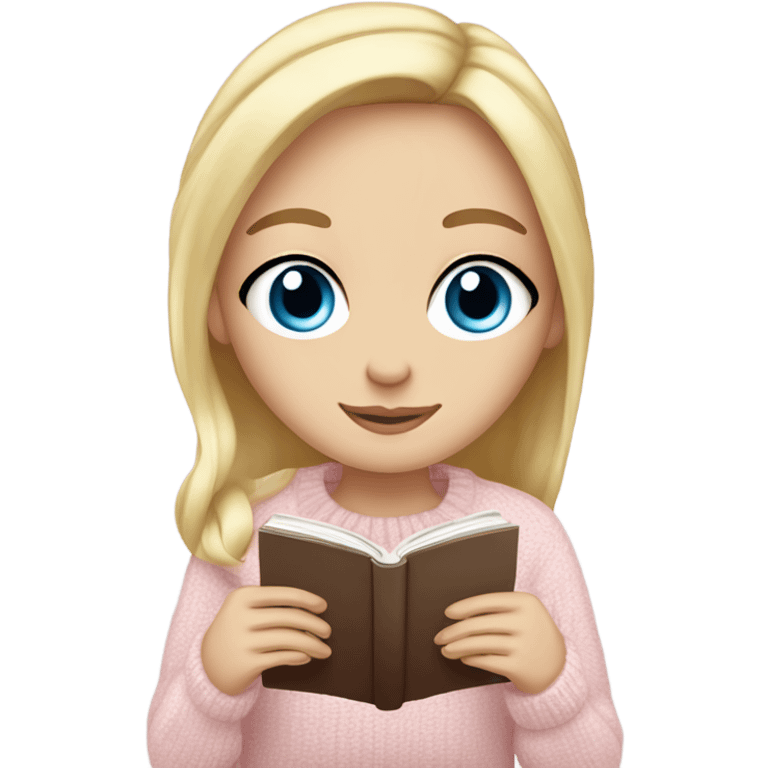 Pretty blue eyed white girl with light pink sweater reading cozy emoji