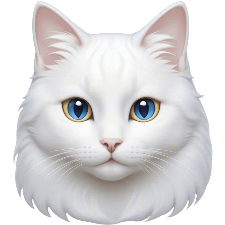 Cinematic Noble White Cat Portrait Emoji, Poised and stately, with a pristine, snow-white fur accented by delicate hints of silver, refined whiskers and a serene, focused gaze, simplified yet impeccably detailed, glowing with an ethereal radiance and timeless elegance, high shine, exuding calm intelligence and regal simplicity, soft glowing outline, capturing the essence of a noble white cat that radiates quiet majesty! emoji