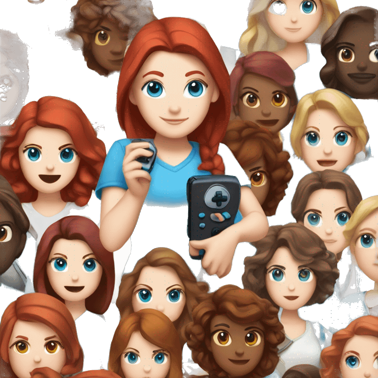 White girl, dark red hair, blue eyes, with a Nintendo switch controller emoji