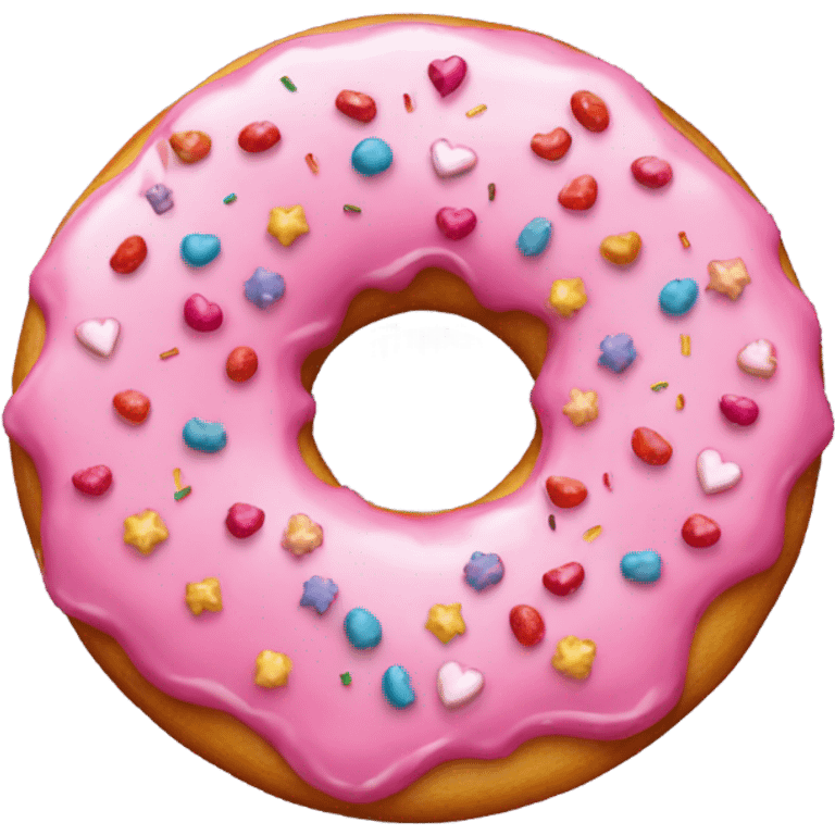 A pink doughnut with sprinkles with hearts on it emoji