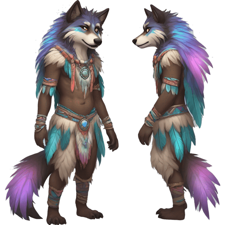 Anthro Fluffy Colorful Shy Spiritual Shamanic WereWolf-sona With Shiny Tribal Markings wearing feathers Full Body Detailed High Quality emoji