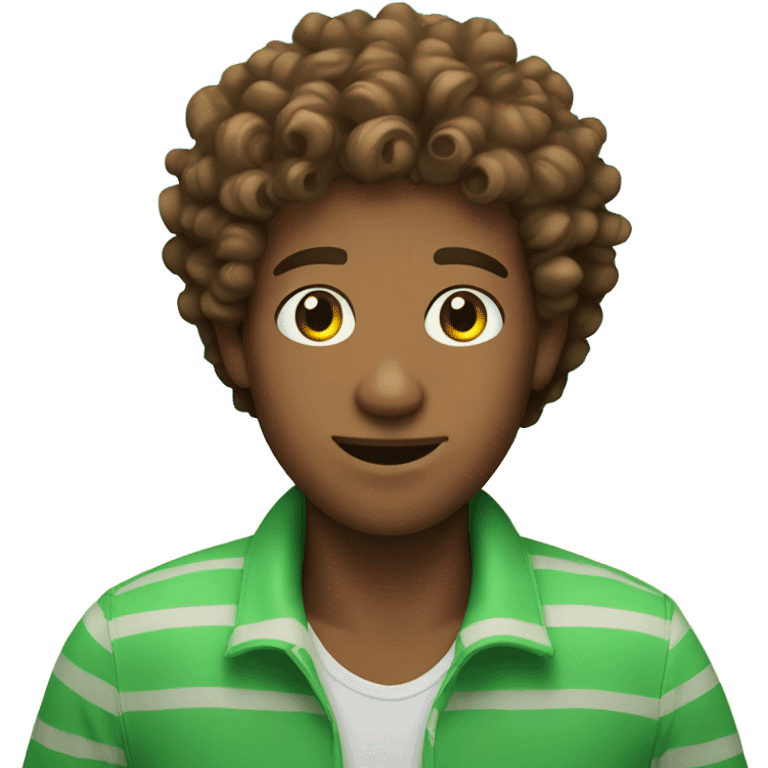 Brown curly head guy with green eyes in the beach emoji