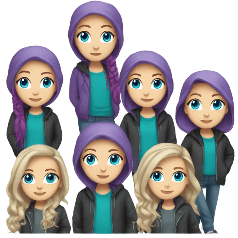 White girl, blue eyes, long teal hair, purple beanie hat, black hoodie, blue jeans, black shoes emoji