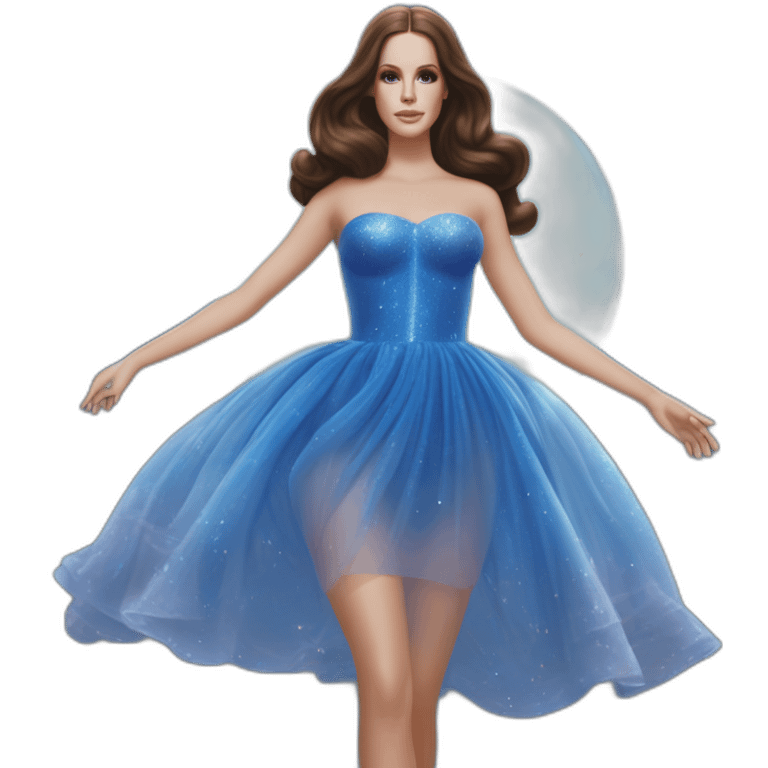 Lana Del Rey casting a spell com um vestido transparente azul cintilante tomara que caia rasgado e transparente tecido fino apertado colado. Há detalhes no bojo que destacam com brilhos. emoji