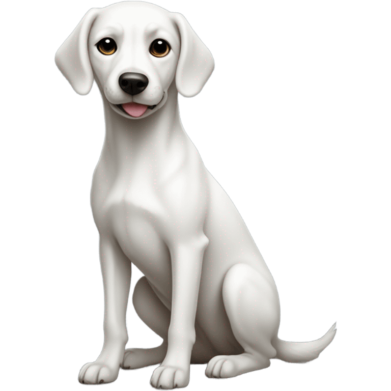 White dog with long tail and black spot around eye taking a poop emoji