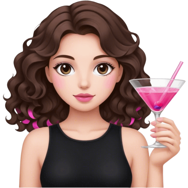 brunette wavy hair down girl black top holding a pink cosmo emoji