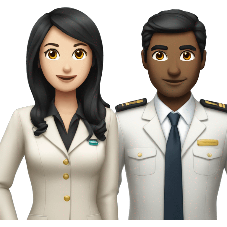 Flight attendant with long black hair and white skin with a pilot man with tan skin and black hair emoji