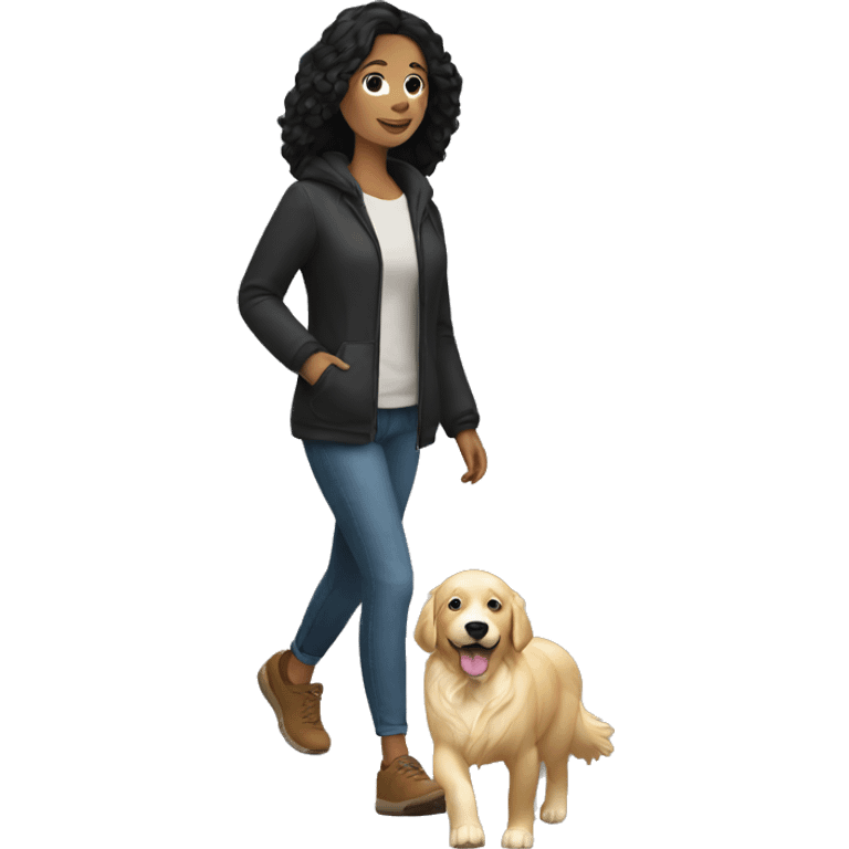 White woman with a black hair walking a golden retriever emoji