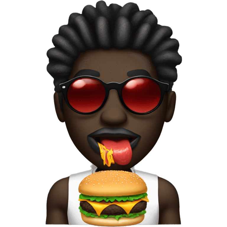 Dark skin black guy with black dreadlocks and big lips and red lip stick with black sunglasses shades on face eating a burger  emoji