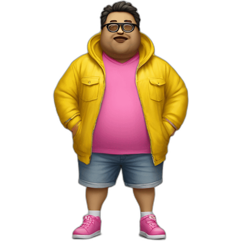 fat man with dark hair,a vibrant long yellow jacket, pink glasses, short jeans shorts. Show full lenght peson emoji