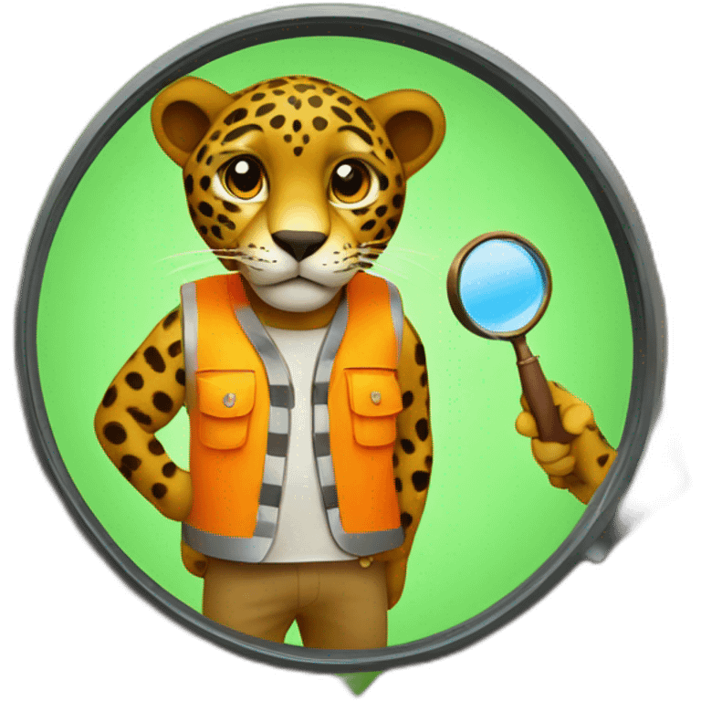 a jaguar in a high visibility orange vest viewed from behind, inspecting a brown tree with a magnifying glass emoji