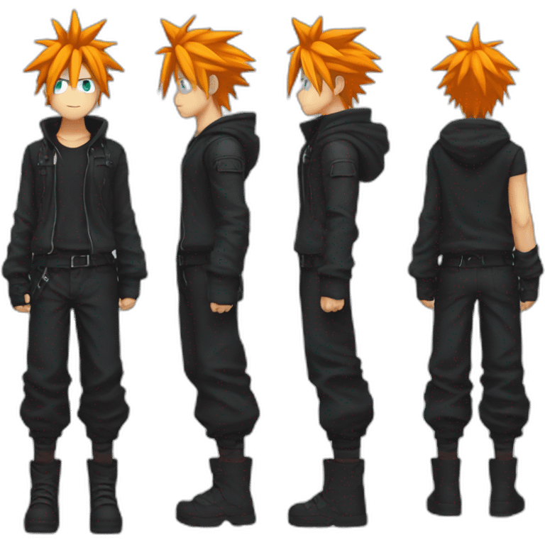 cloud strife with orange hair. Black clothes full body  emoji