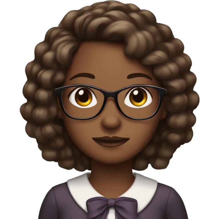 Black girl eoth long brown hair with a bow and glasses emoji