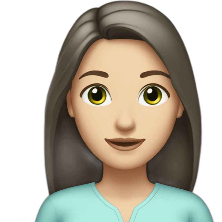 Caucasian woman, long straight dark brown hair, green eyes, wearing a light blue blouse, slight smile emoji