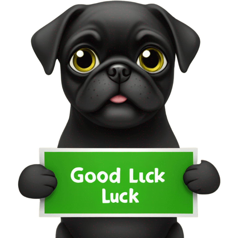 Black pug holding a green sign that says good luck  emoji