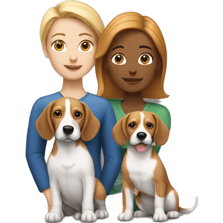 two white women couple, with one beagle dog, three cats emoji