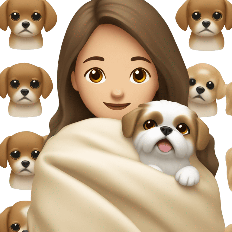 A Women with brown hair is cradling her white Pekingese in a beige blanket emoji