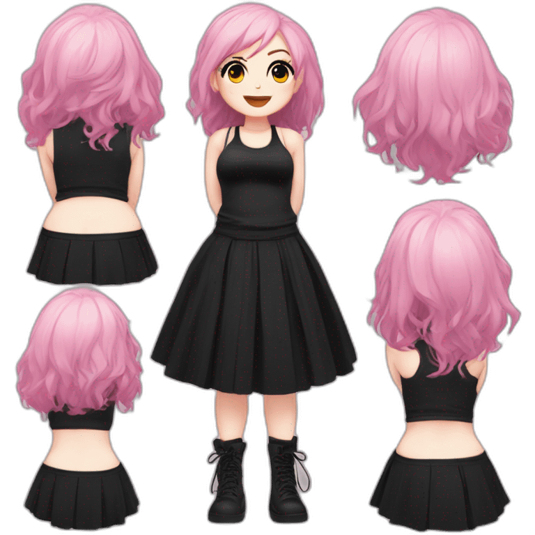 Full body Front view curvy emo girl pink hair sits on the floor straight view hands up black skirt белые трусики полосатые рваные чулки emoji