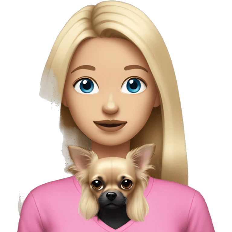 Dirty Blonde haired girl with blue eyes wearing a pink shirt holding a black long hair chihuahua emoji