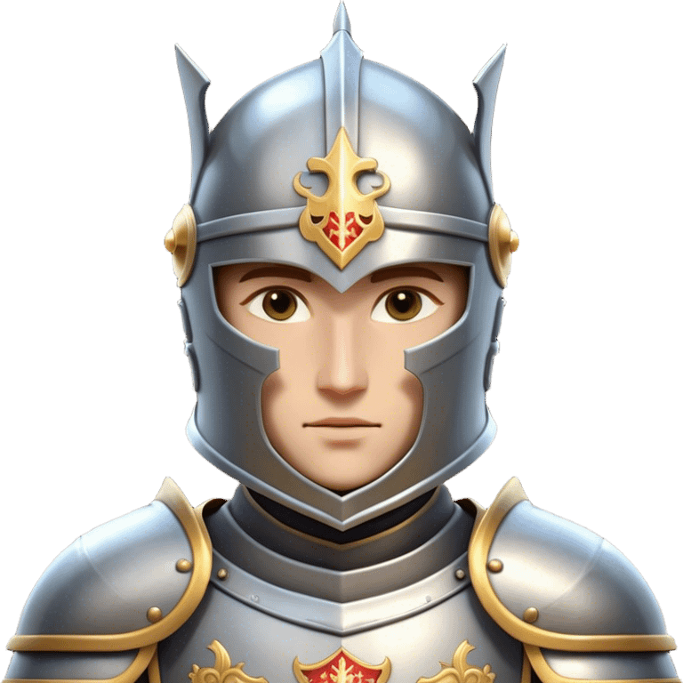 Clash of Clans aesthetic: Cinematic heroic Armored Knight Hero close up Emoji, rendered in a 3D vector-style similar to standard emojis with minimal shading and bold, simplified shapes. A compact, isometric warrior clad in gleaming plate armor with intricate heraldic details, softly glowing with a chivalrous medieval charm. Simplified yet unmistakably iconic, highly detailed and consistent, glowing with a soft radiant shine and high polish. Stylized with a touch of noble valor and a soft glowing outline, wearing a full face helm so that no face is visible with only eyes visible, capturing the essence of a gallant knight ready for honorable battle with a friendly, playful manner! emoji