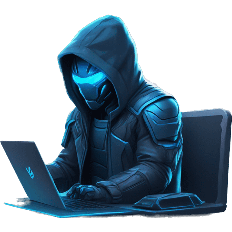 developer behind his laptop with this style : crysis Cyberpunk Riot Games Valorant neon glowing bright blue character blue black hooded assassin themed character emoji