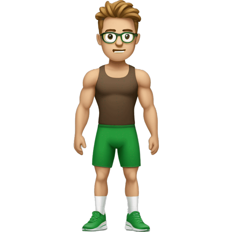 white nerd guy with brown with green t-shirt hair doing weight training emoji