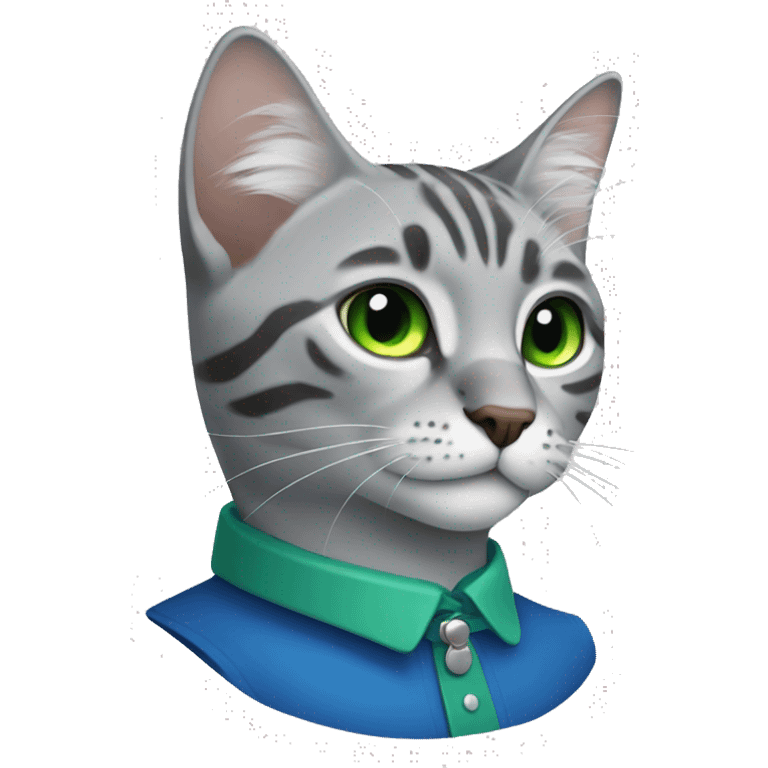 Grey tabby with blue collar and green eyes emoji