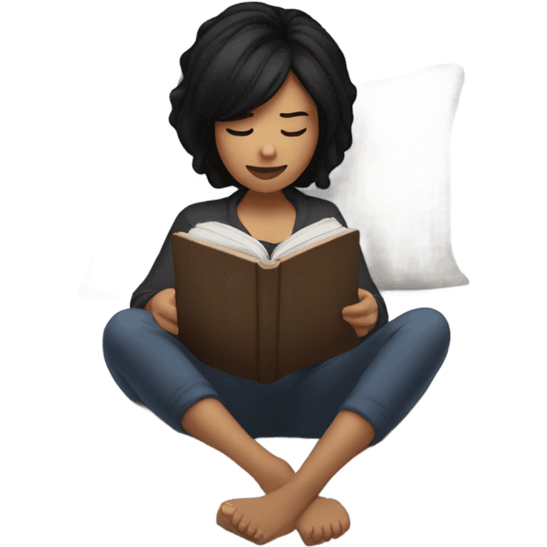 Girl with black hair lying in bed reading on her kindle emoji