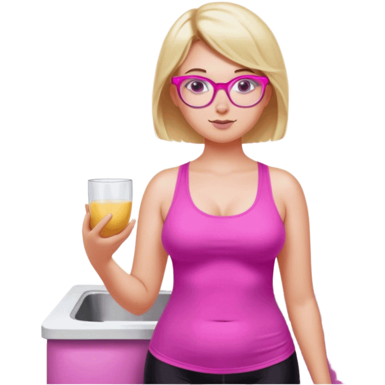 Curvy fair skinned woman, freckled skin, short blond hair, small light purple reading glasses, washing dishes, short flowing sheer hot pink tank top, without undergarments SFW, black yoga pants, thick booty emoji