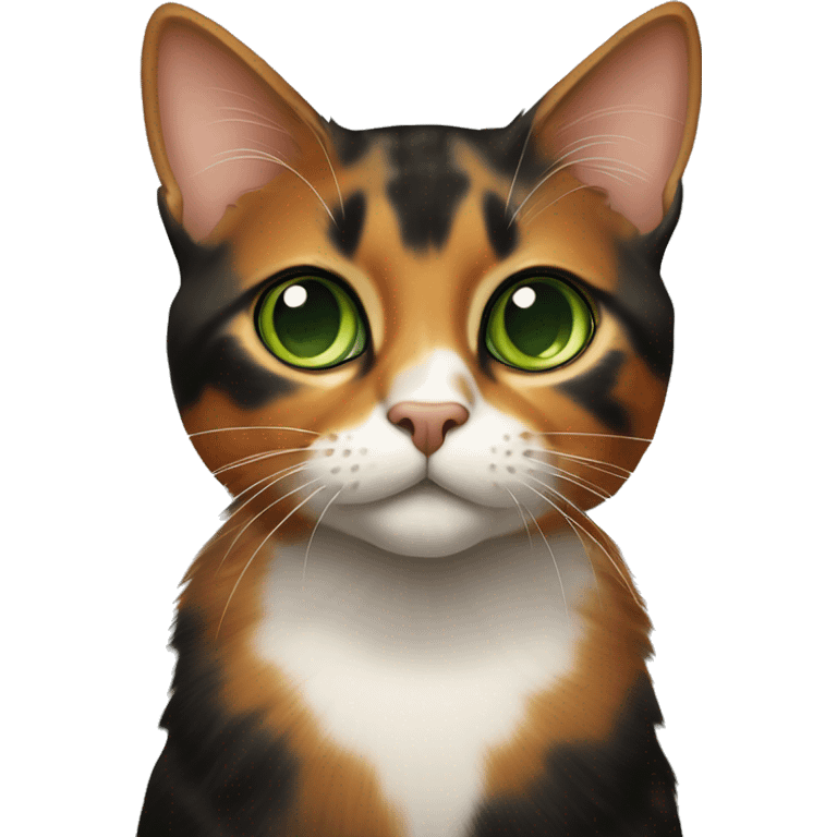 Cat with piercing green eyes, a sleek tortoiseshell coat of black and caramel hues, and an orange stripe down the nose. emoji