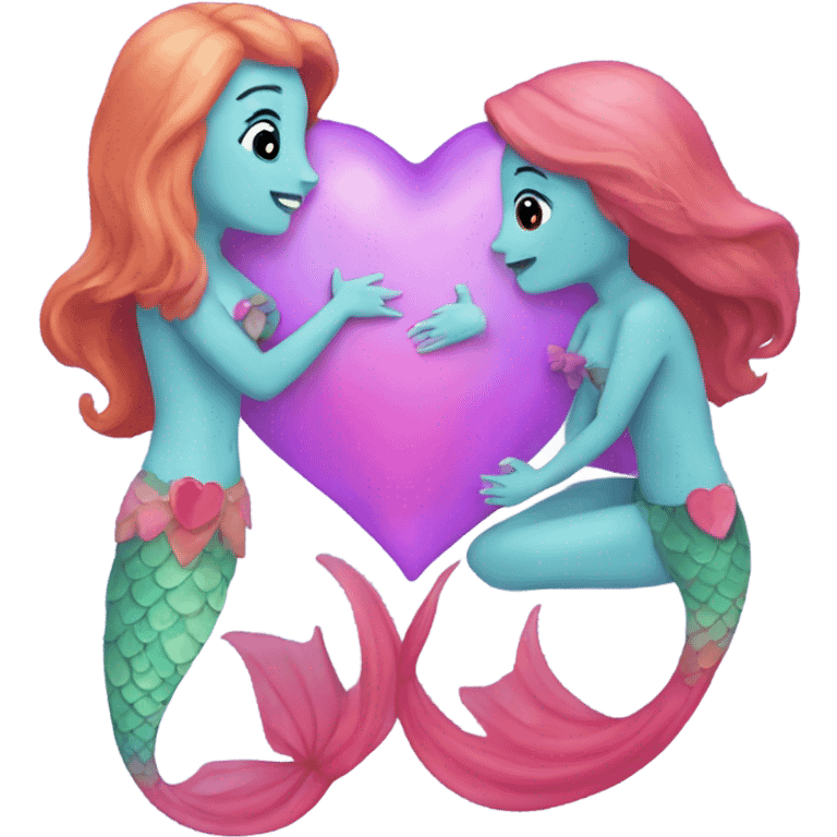 two mermaids in love with a heart emoji