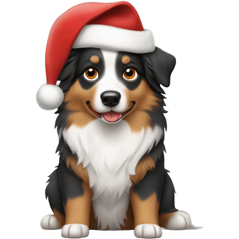 Australian shepherd wearing a Santa hat emoji