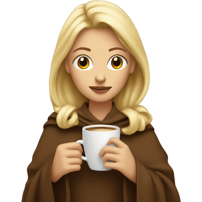 Blonde woman with a brown blancket drinking coffe looking down emoji