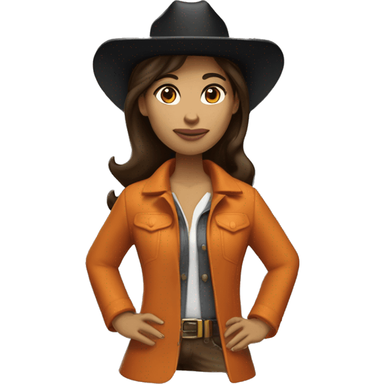 brunette cow girl tan skin skin, orange burnt coat, black hat emoji