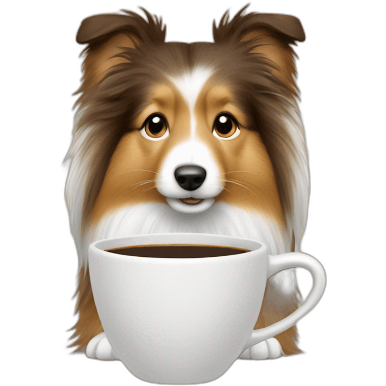 Sheltie drinks a coffee emoji