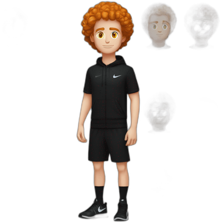 Man. Average height. Ginger scruffy hair slightly curly and no facial hair. Hazel eyes and freckles. Black Nike tracksuit full body. Clean shaven. Black Nike trainers emoji