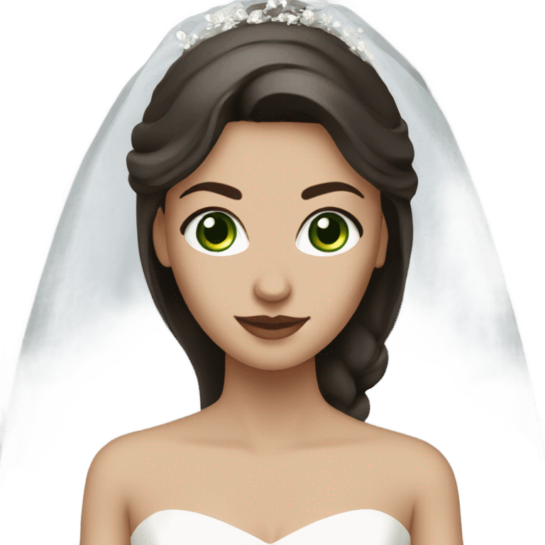 White woman with dark brown straight hair and dark green eyes wearing a wedding dress emoji