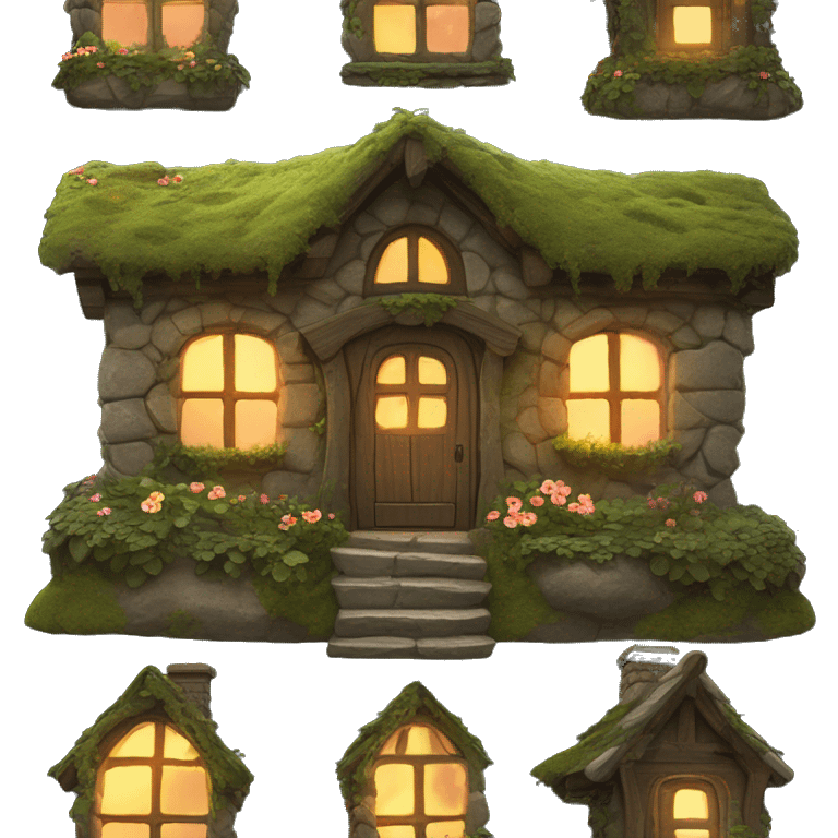 A cozy fantasy cottage made of stone and wood, covered in moss, vines, and flowers. The windows are aglow with firelight. emoji