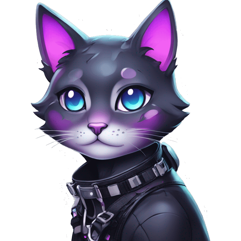 Gorgeous sparkly shiny colorful gradient gothic dark techwear anime style anthro cat with blushing face aesthetic and pretty edgy black with collar and harness trending style emoji