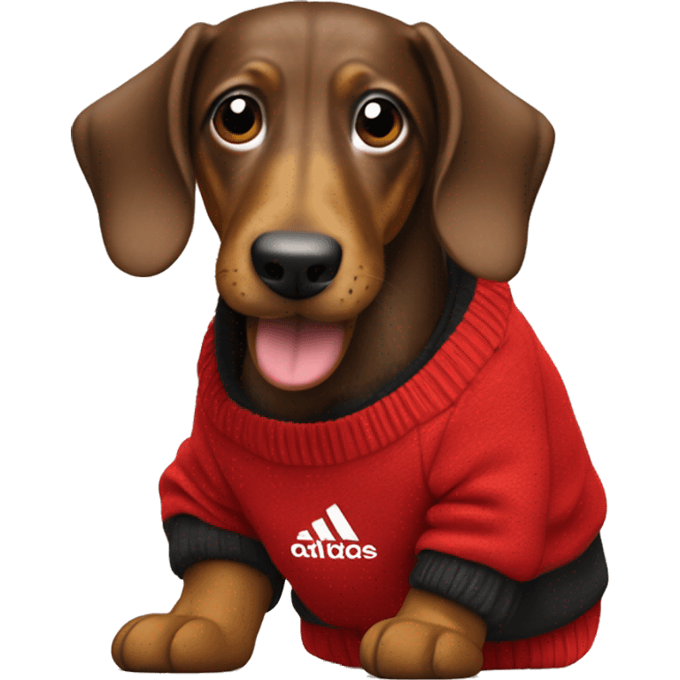 Dackel mit einem roten Adidas Pullover der sich freut emoji